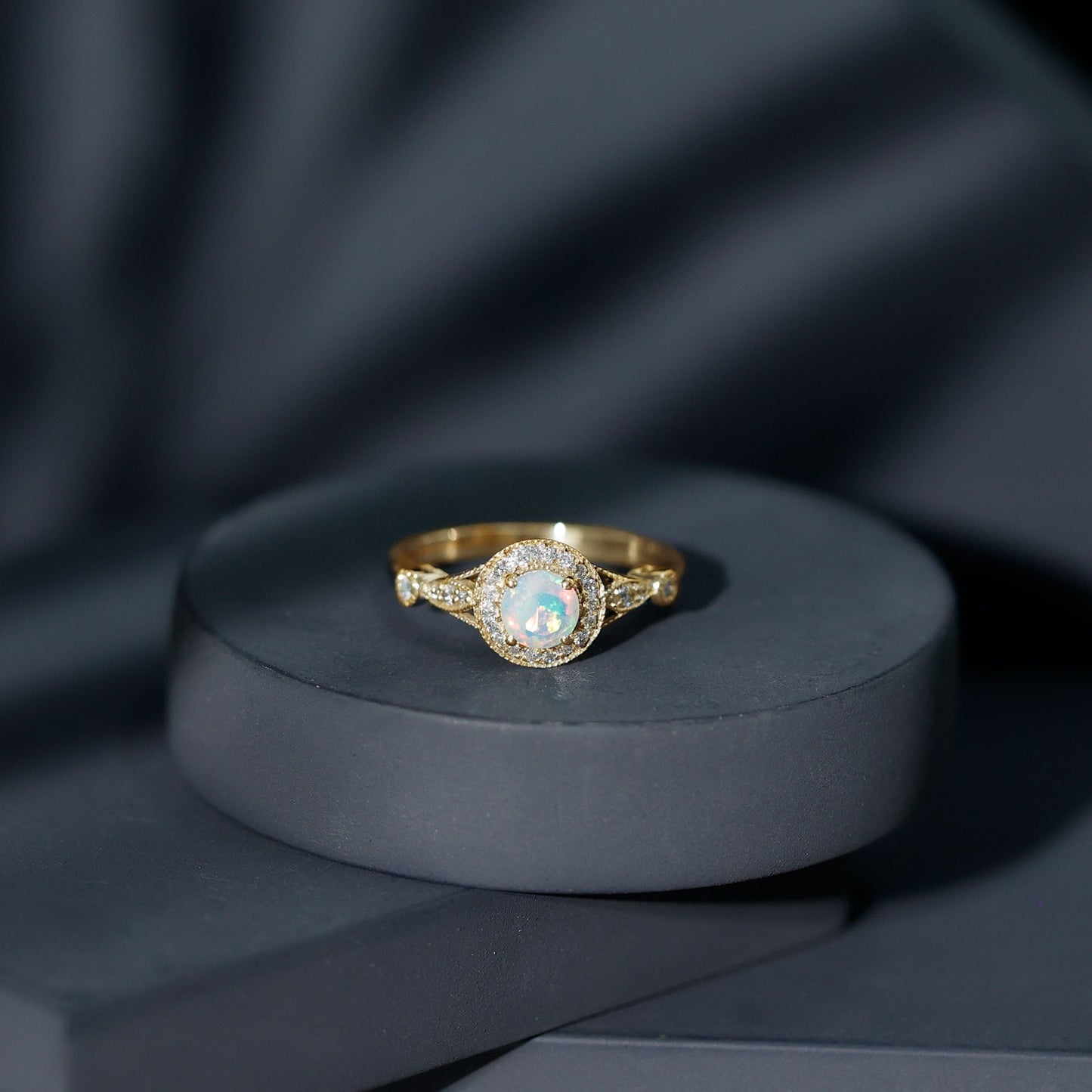 Genuine Ethiopian Opal Antique Looking Engagement Ring with Diamond Halo