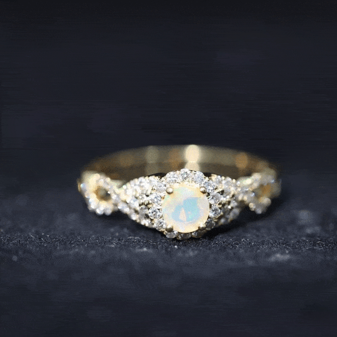 Real Ethiopian Opal Diamond Vintage Looking Engagement Ring with Criss Cross Shank