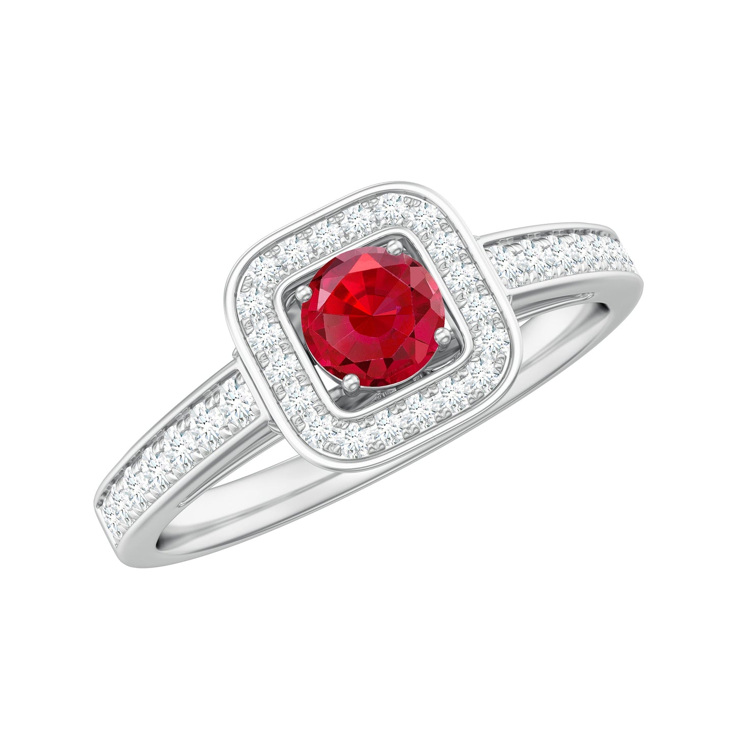 Vintage Style Lab Ruby and Diamond Halo Engagement Ring
