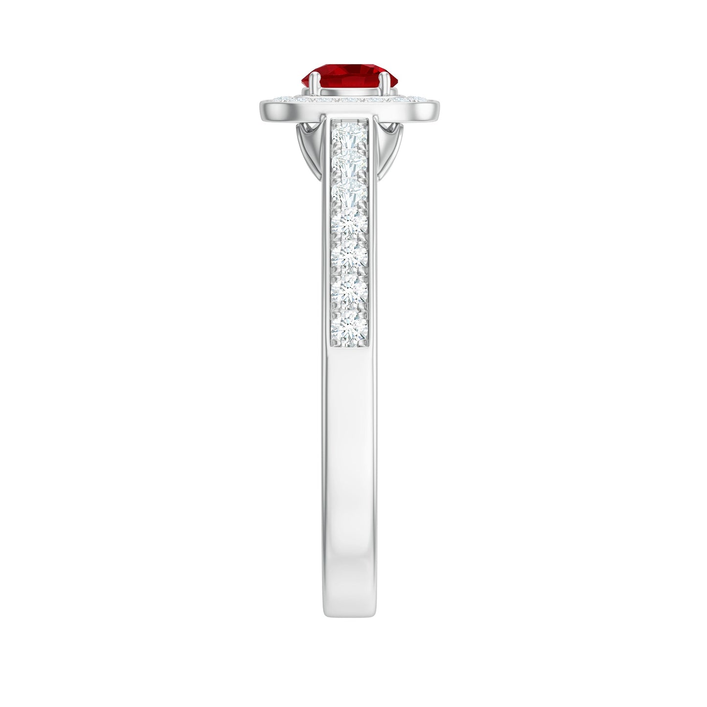 Vintage Style Lab Ruby and Diamond Halo Engagement Ring
