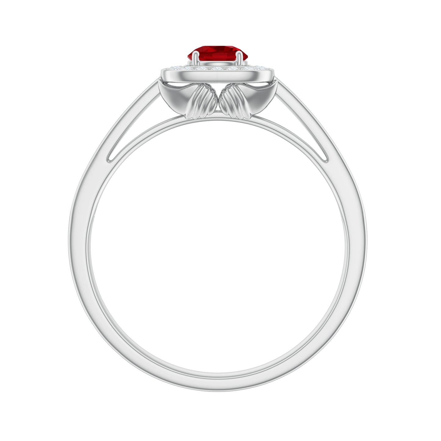 Vintage Style Lab Ruby and Diamond Halo Engagement Ring