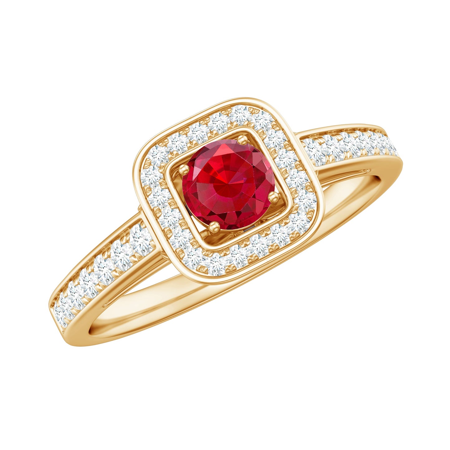 Vintage Style Lab Ruby and Diamond Halo Engagement Ring