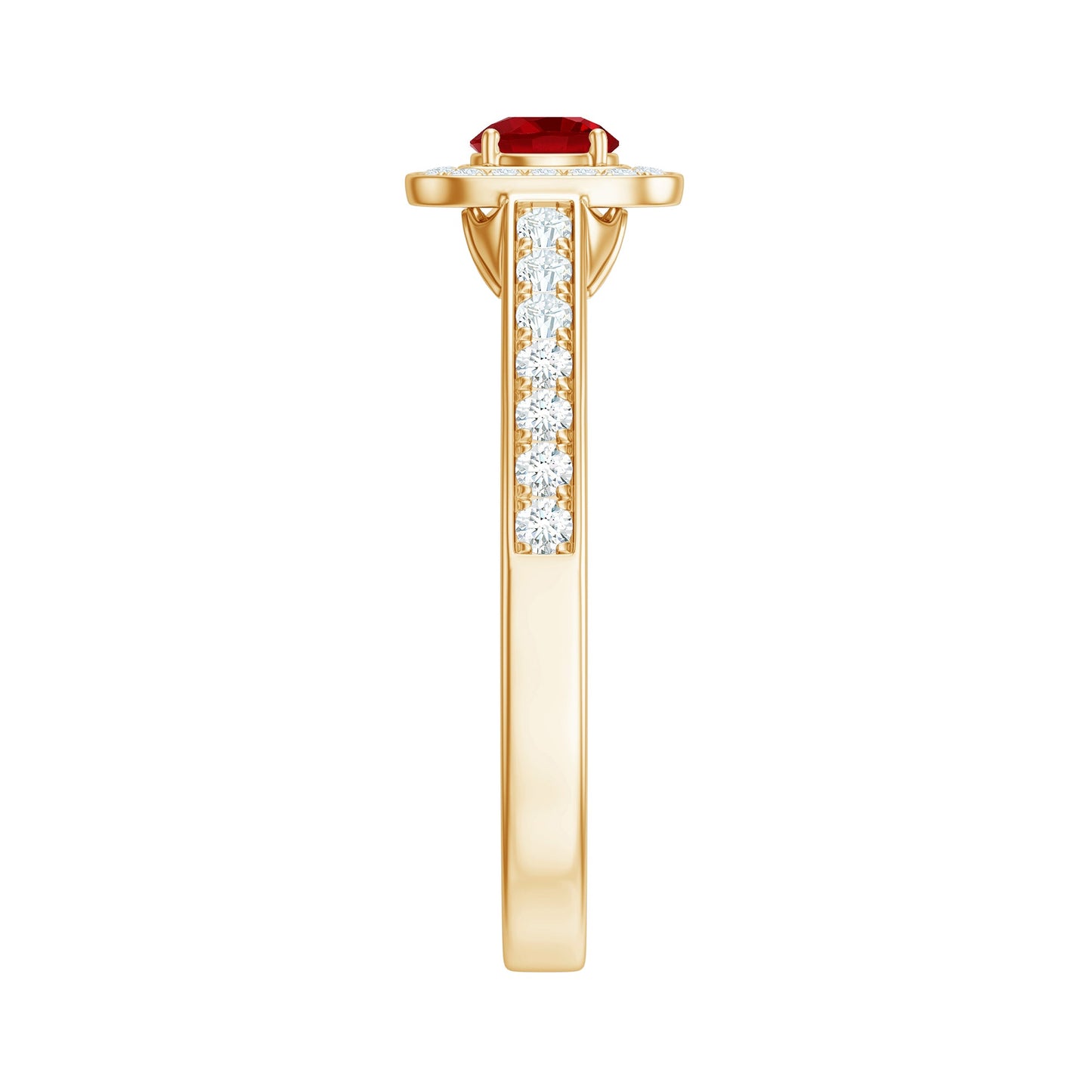 Vintage Style Lab Ruby and Diamond Halo Engagement Ring