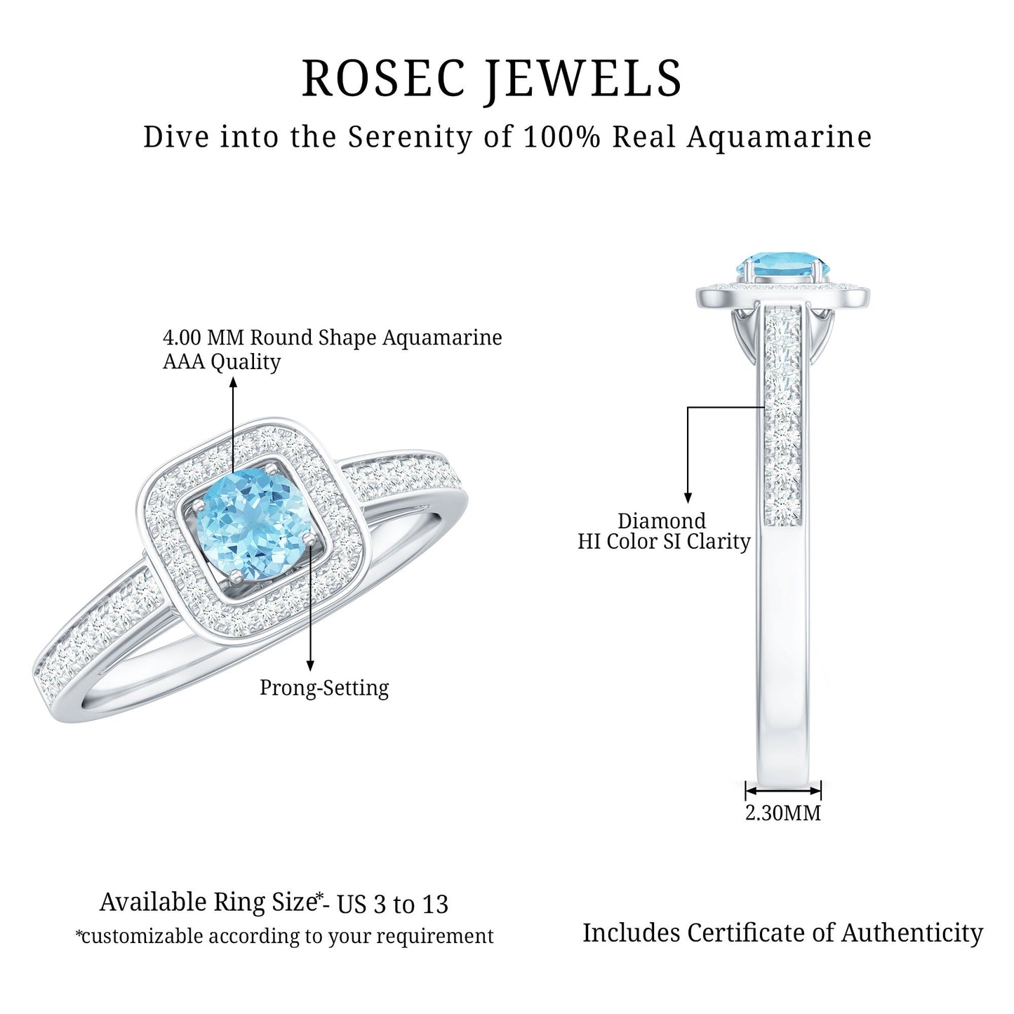 Vintage Looking Aquamarine and Diamond Halo Engagement Ring for Women