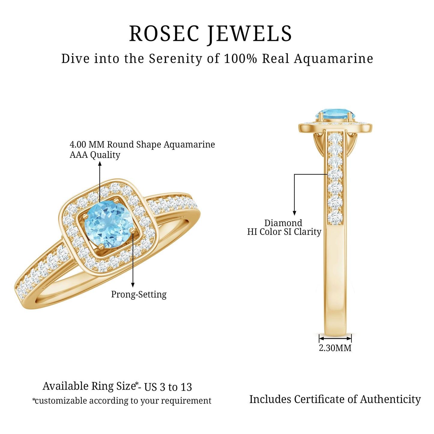 Vintage Looking Aquamarine and Diamond Halo Engagement Ring for Women