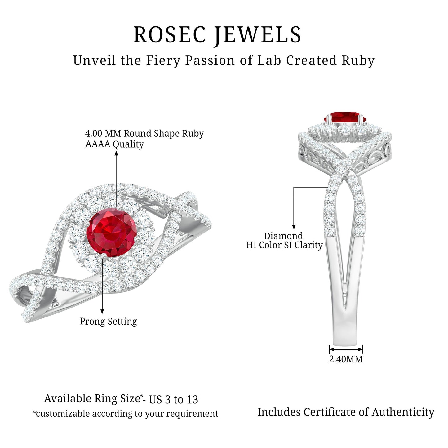 Certified Lab Ruby and Diamond Crossover Engagement Ring with Halo