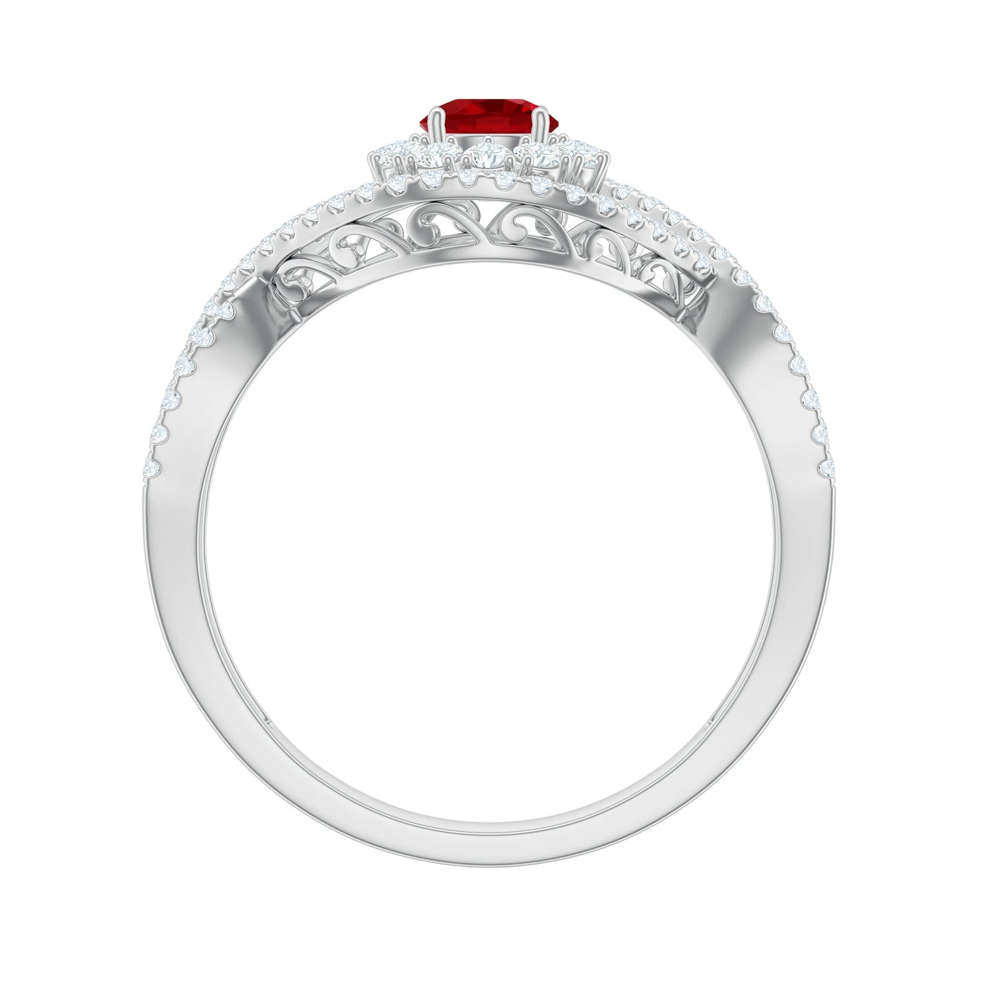 Certified Lab Ruby and Diamond Crossover Engagement Ring with Halo