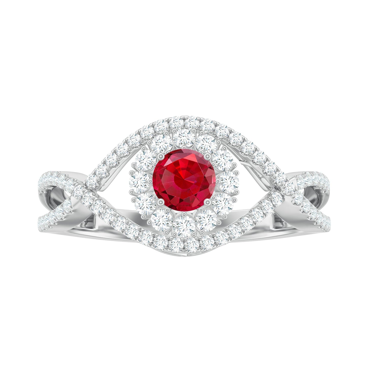 Certified Lab Ruby and Diamond Crossover Engagement Ring with Halo