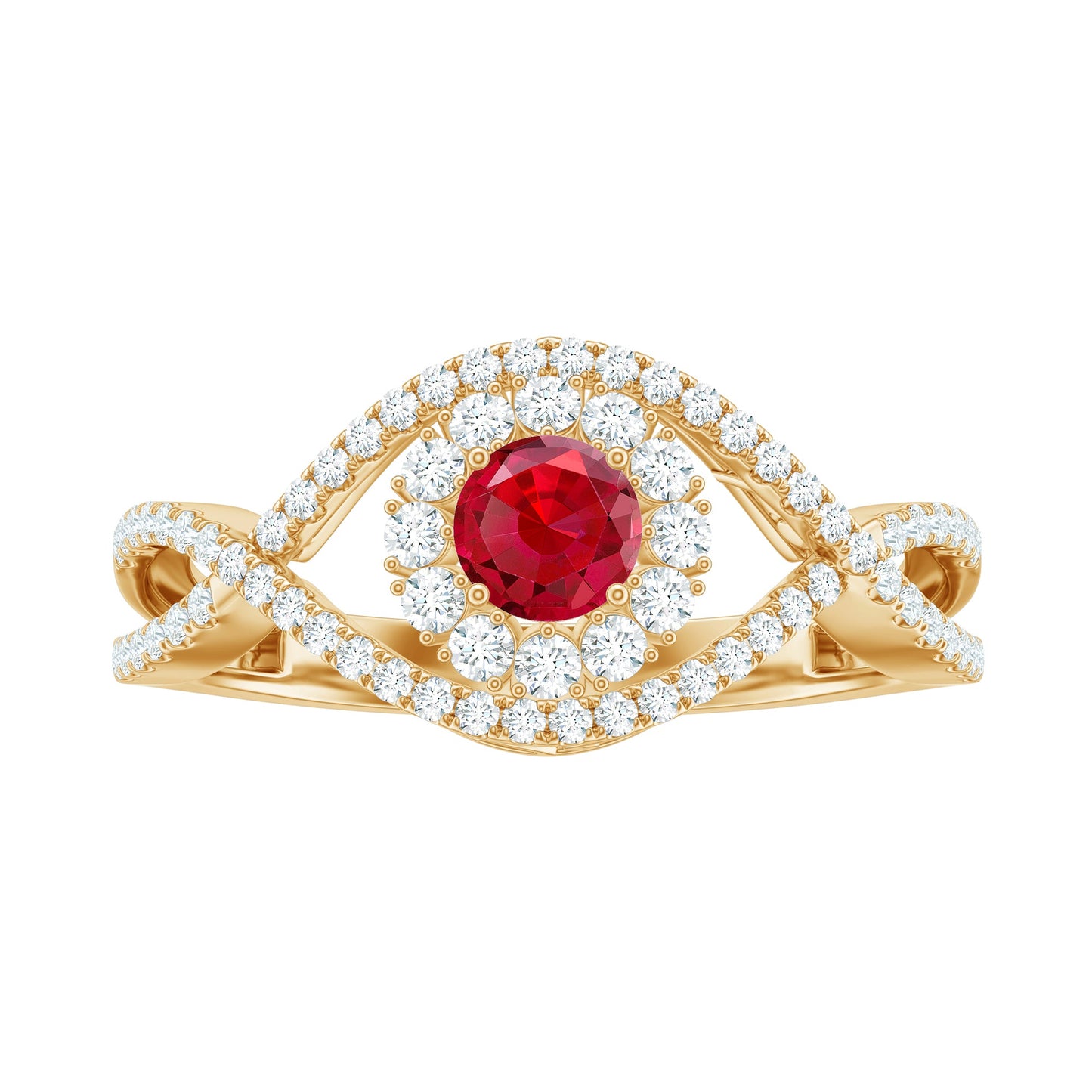 Certified Lab Ruby and Diamond Crossover Engagement Ring with Halo