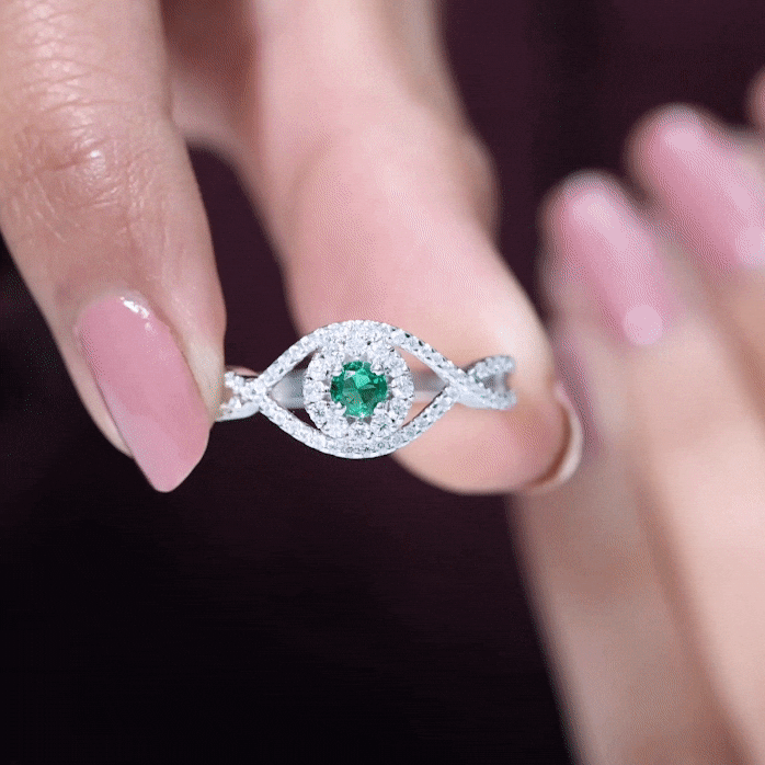 Certified Lab Grown Emerald Diamond Halo Engagement Ring with Crossover Shank
