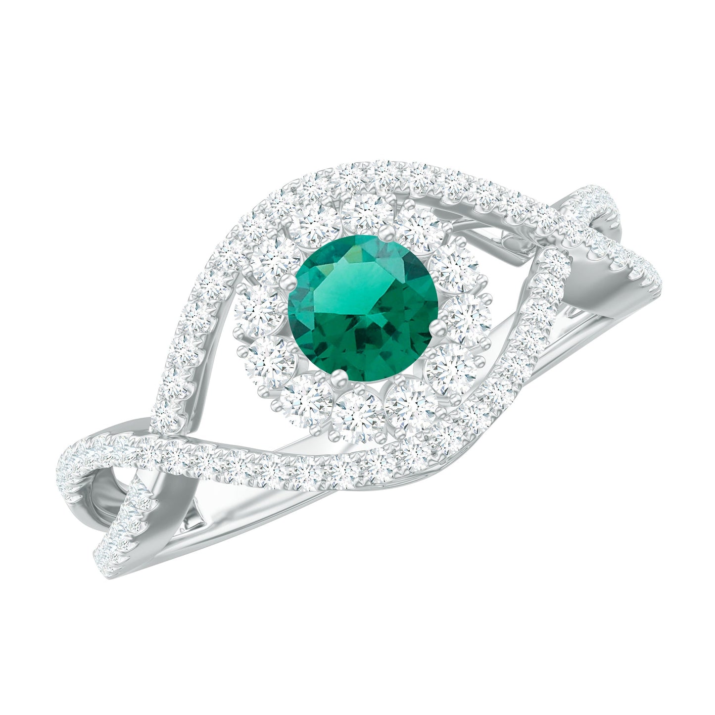 Certified Lab Grown Emerald Diamond Halo Engagement Ring with Crossover Shank