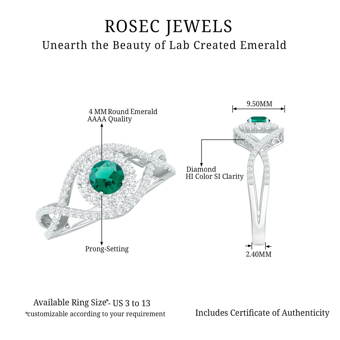 Certified Lab Grown Emerald Diamond Halo Engagement Ring with Crossover Shank