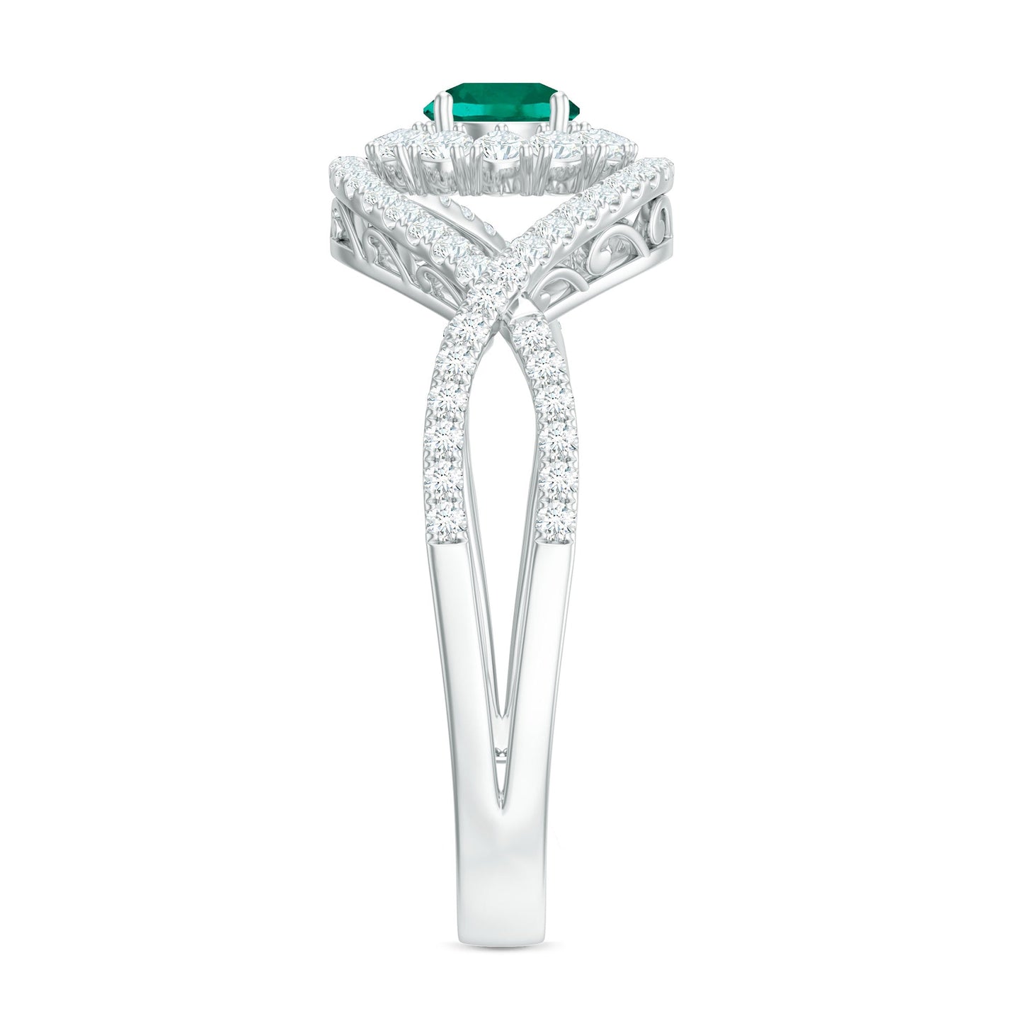 Certified Lab Grown Emerald Diamond Halo Engagement Ring with Crossover Shank