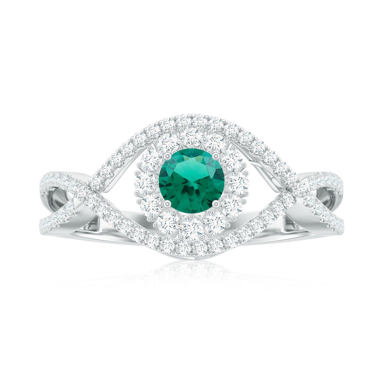 Certified Lab Grown Emerald Diamond Halo Engagement Ring with Crossover Shank