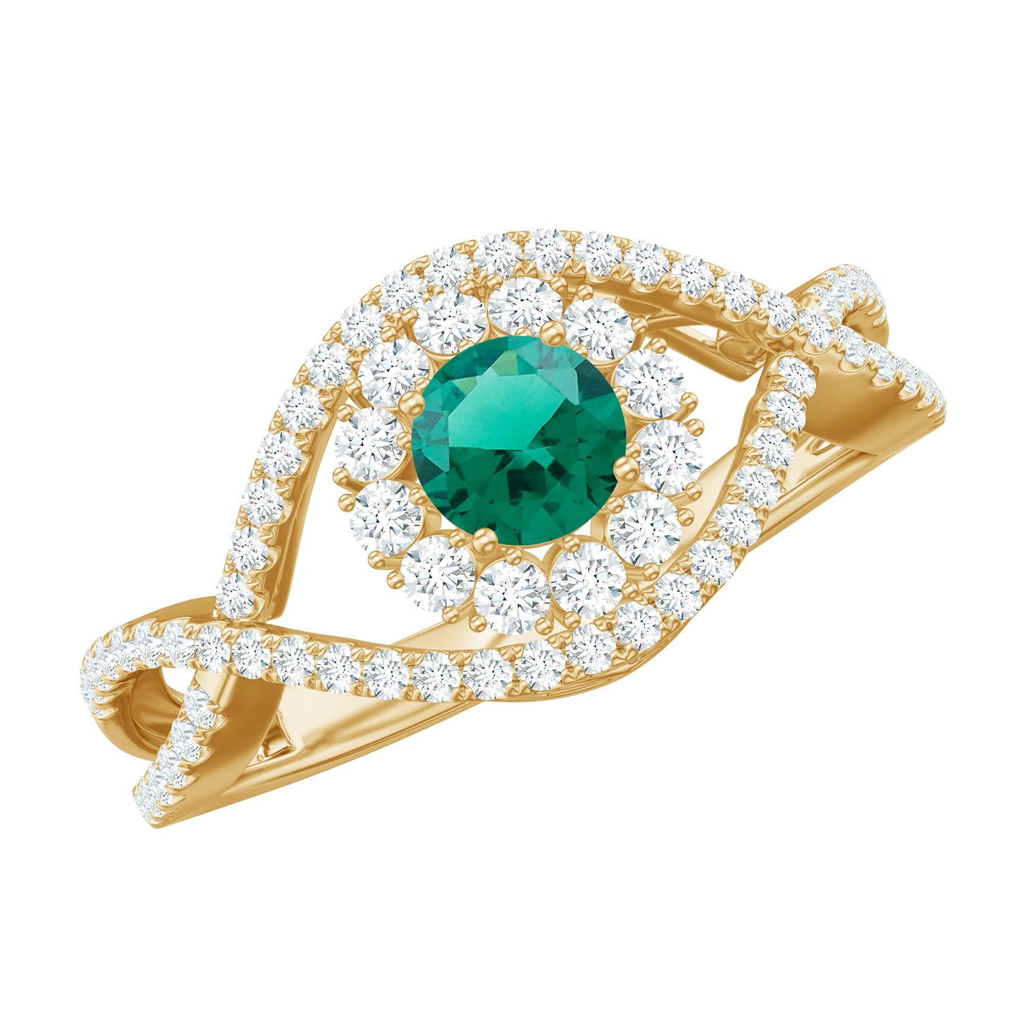 Certified Lab Grown Emerald Diamond Halo Engagement Ring with Crossover Shank