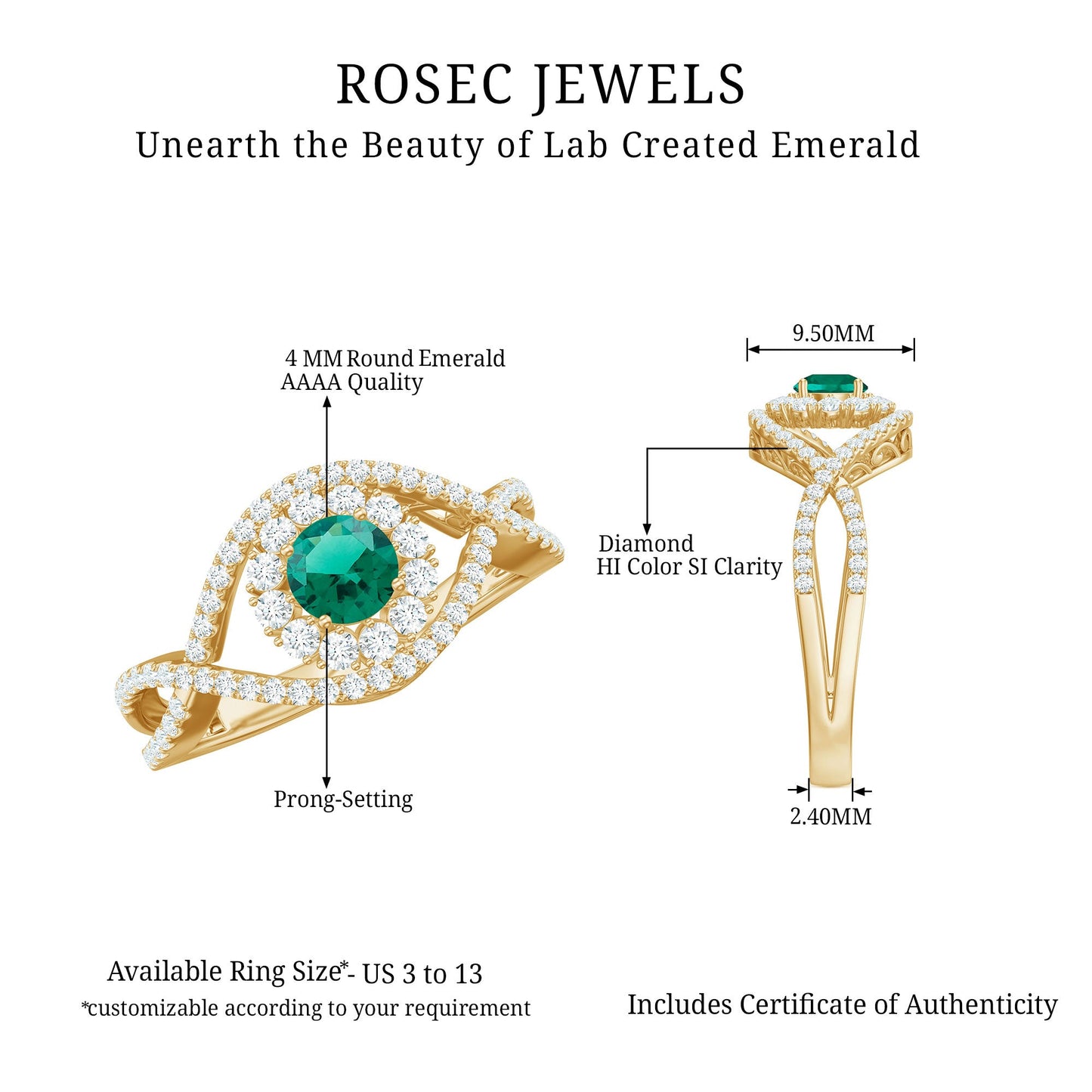 Certified Lab Grown Emerald Diamond Halo Engagement Ring with Crossover Shank