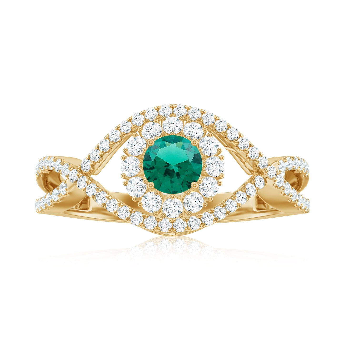 Certified Lab Grown Emerald Diamond Halo Engagement Ring with Crossover Shank