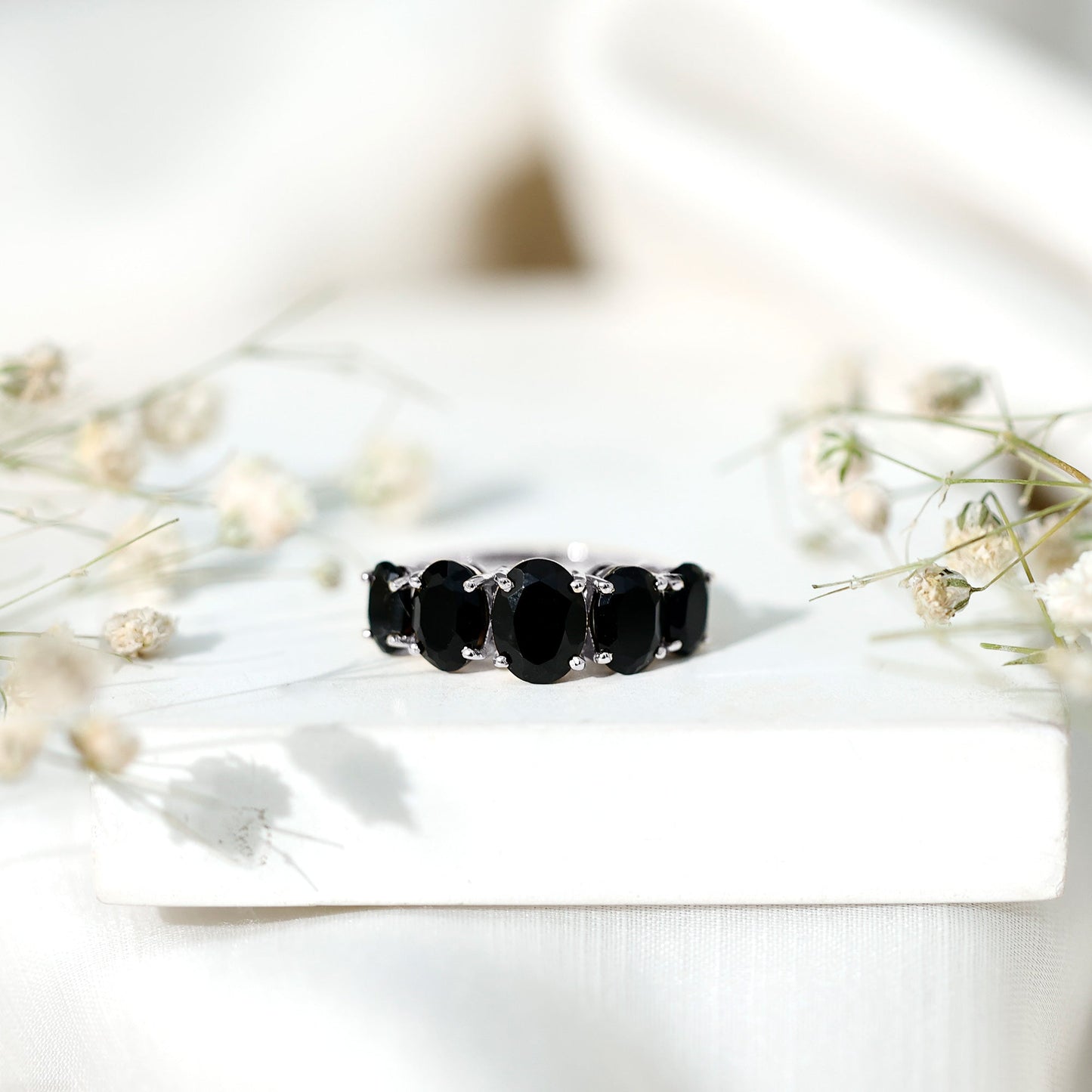 Oval Shaped Black Onyx 5 Stone Anniversary Ring