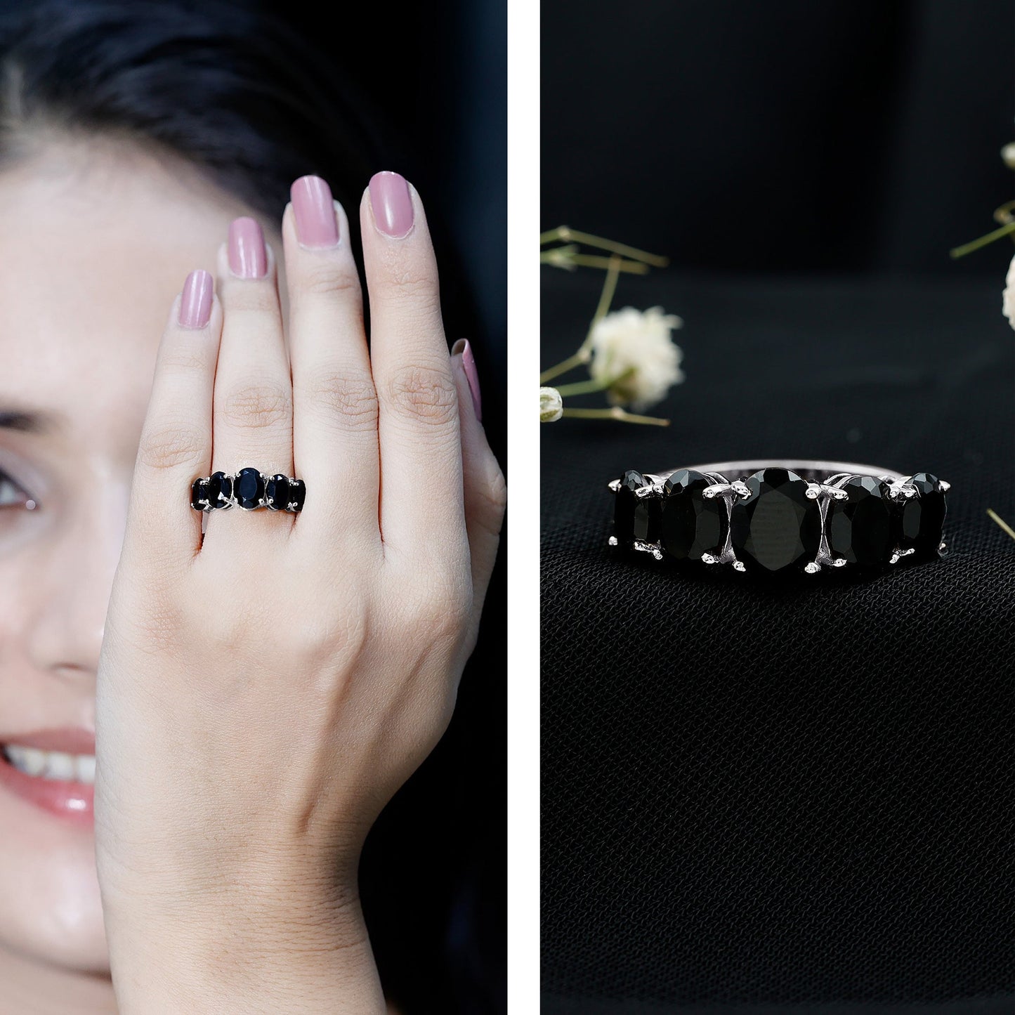 Oval Shaped Black Onyx 5 Stone Anniversary Ring