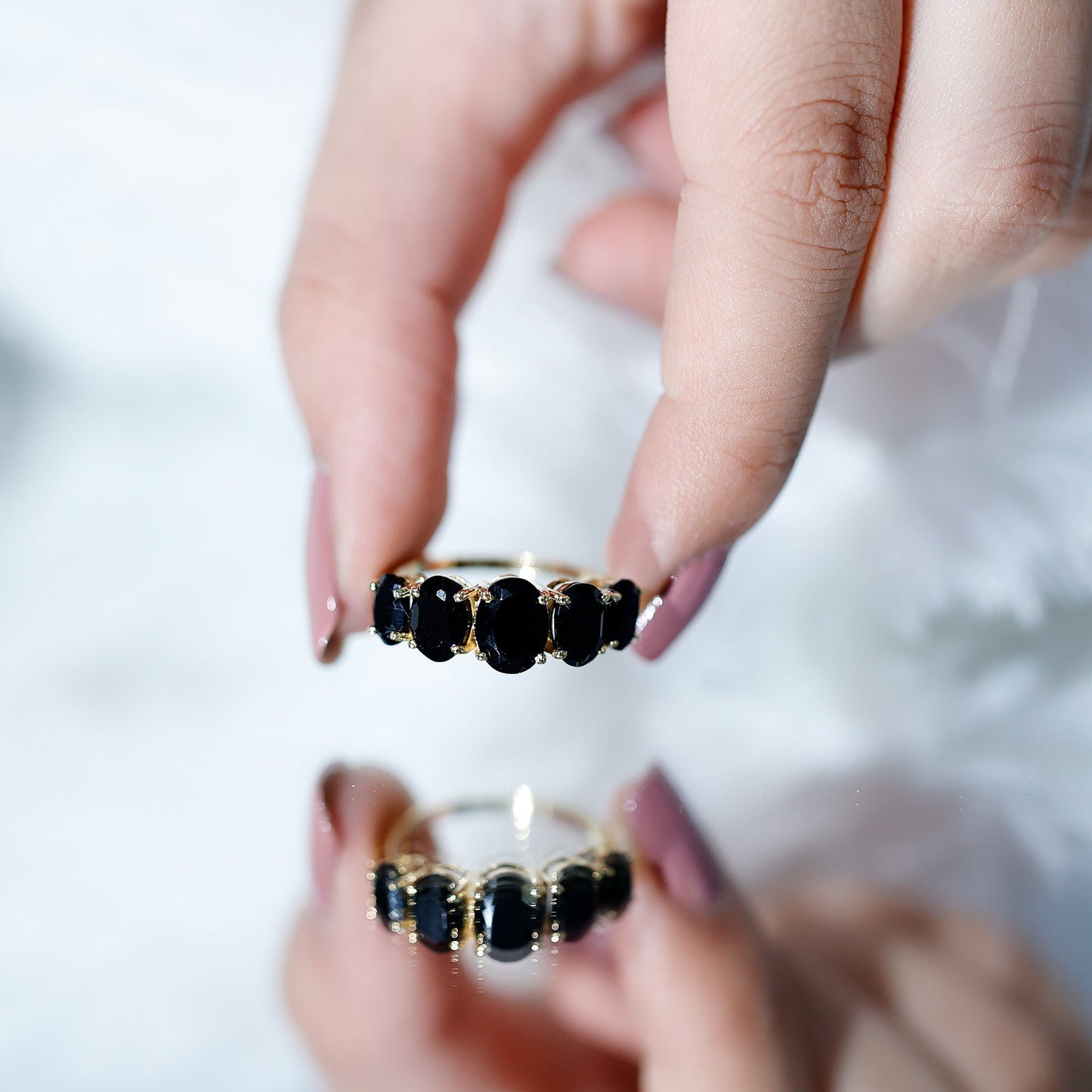 Oval Shaped Black Onyx 5 Stone Anniversary Ring