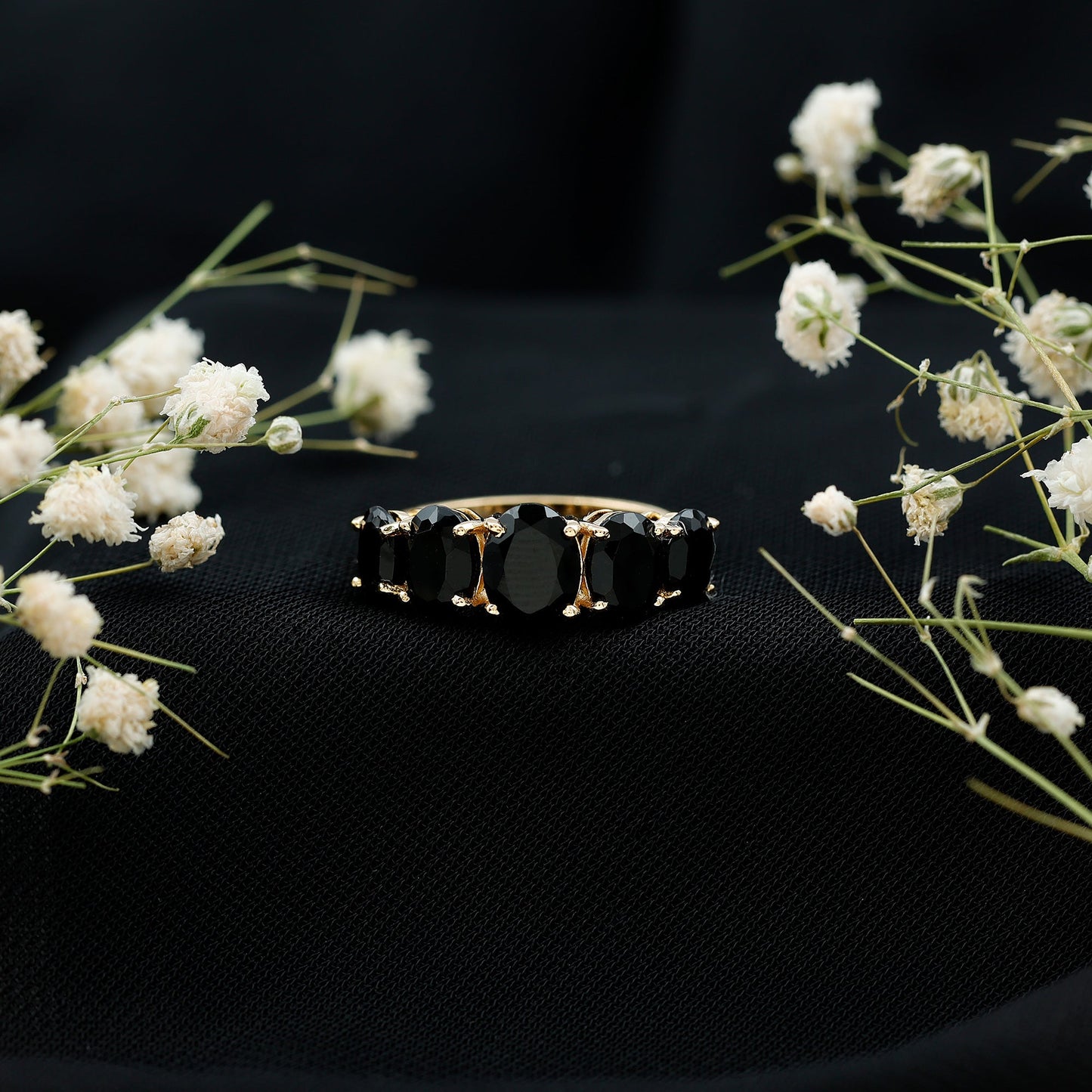 Oval Shaped Black Onyx 5 Stone Anniversary Ring