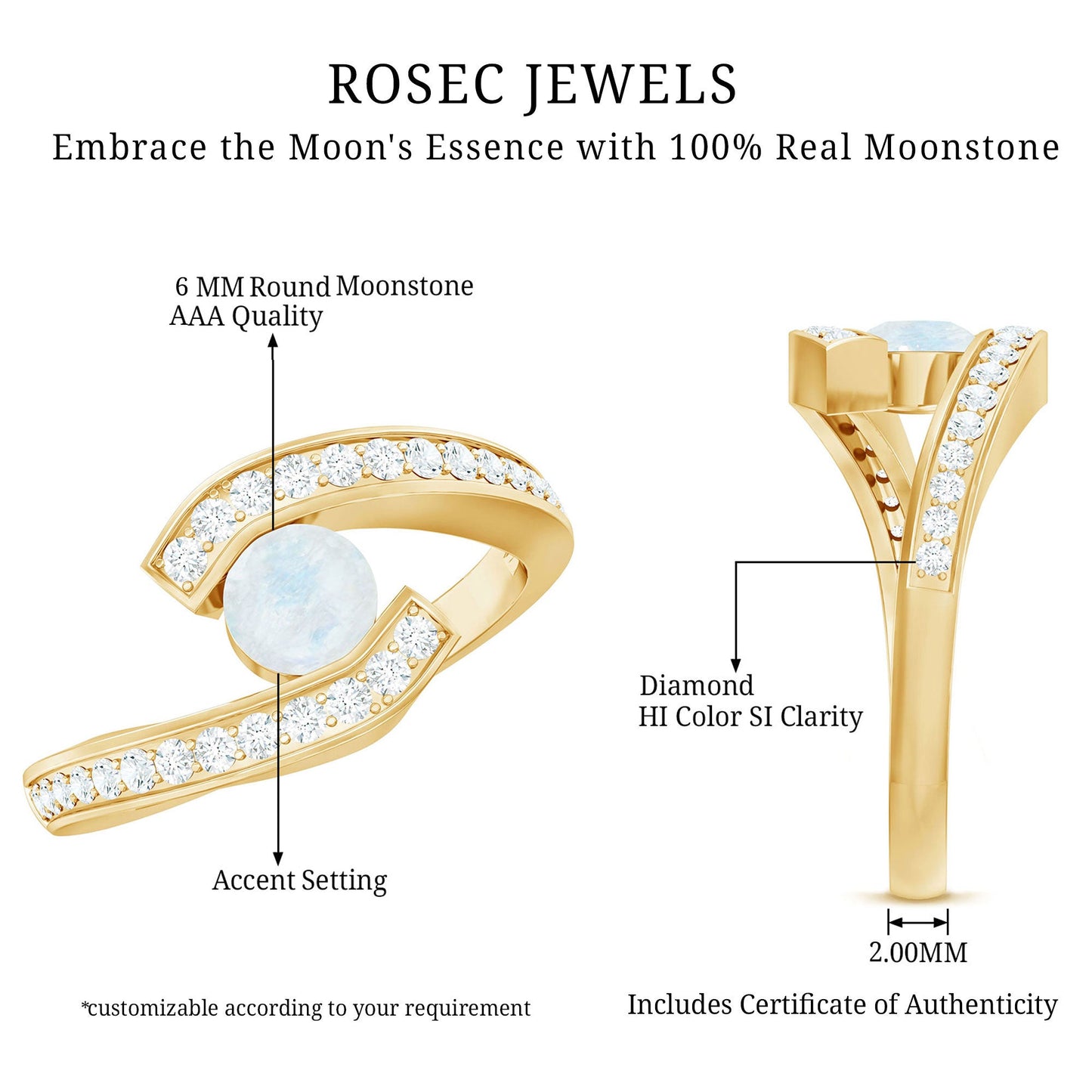 Real Moonstone Bypass Engagement Ring with Diamond