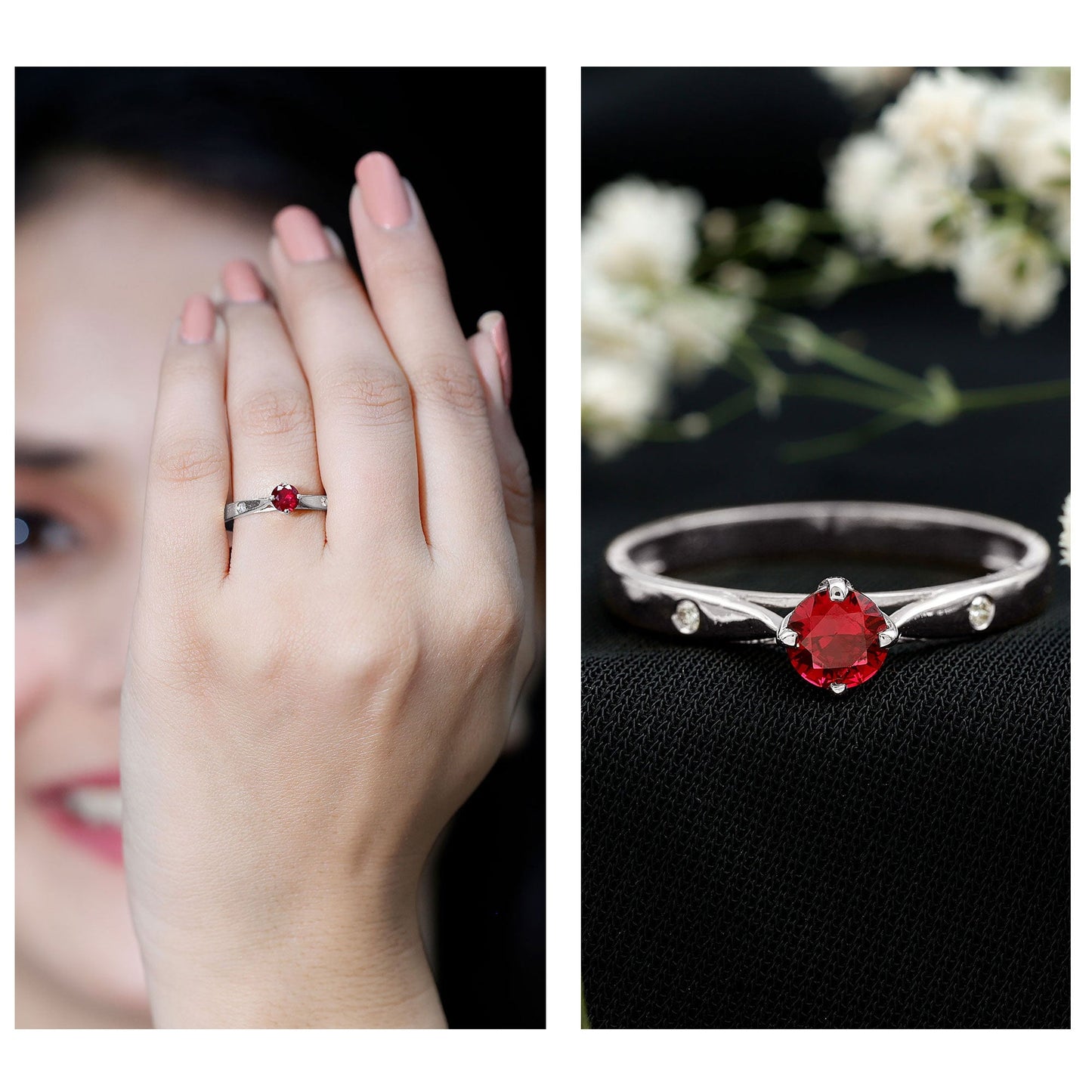 Round Lab Grown Ruby Solitaire Ring with Diamond