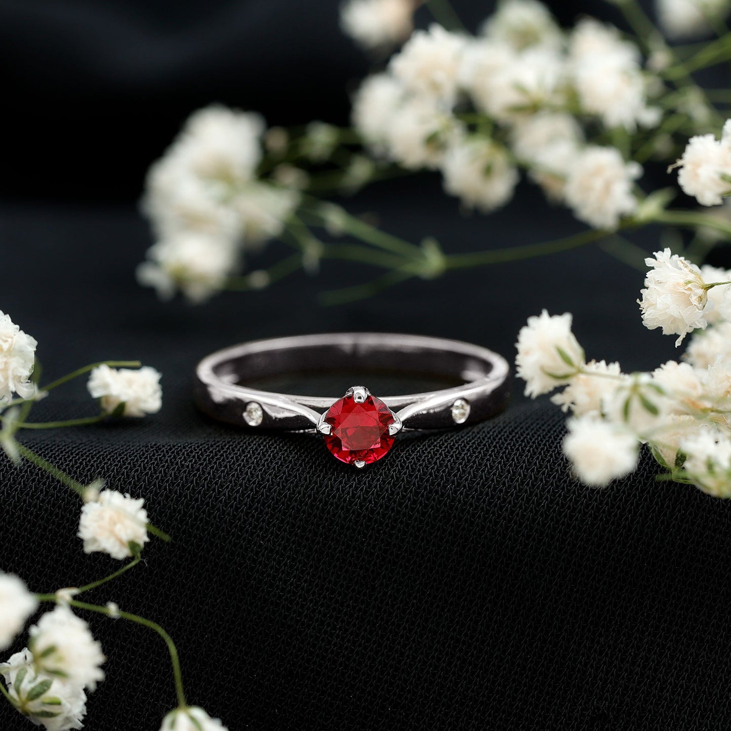 Round Lab Grown Ruby Solitaire Ring with Diamond