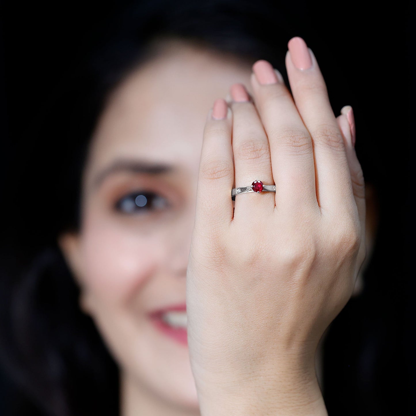 Round Lab Grown Ruby Solitaire Ring with Diamond