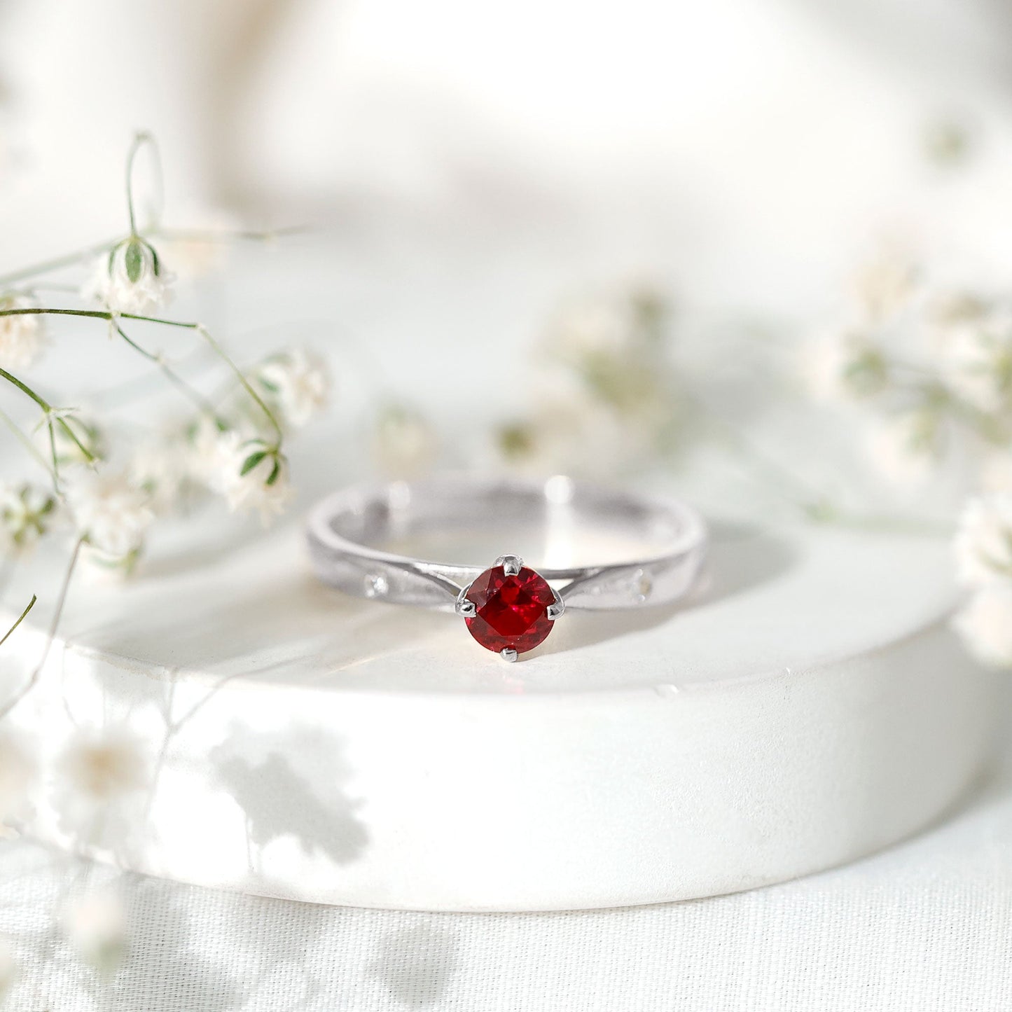 Round Lab Grown Ruby Solitaire Ring with Diamond