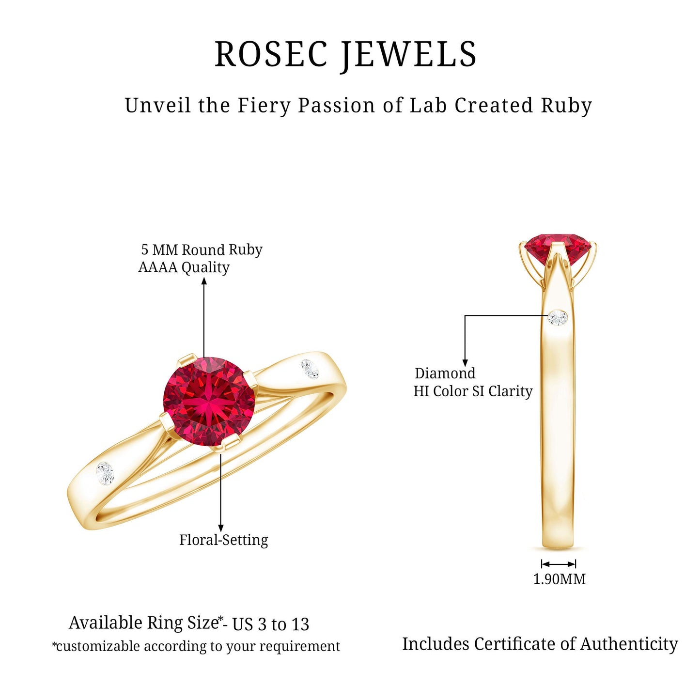 Round Lab Grown Ruby Solitaire Ring with Diamond