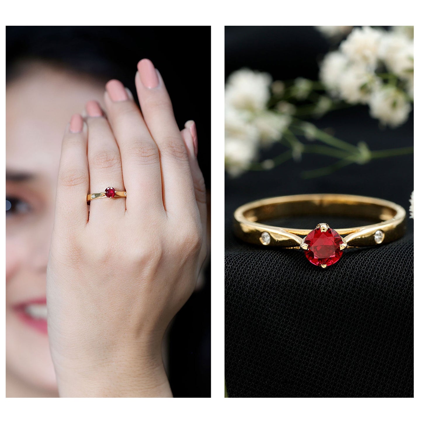 Round Lab Grown Ruby Solitaire Ring with Diamond