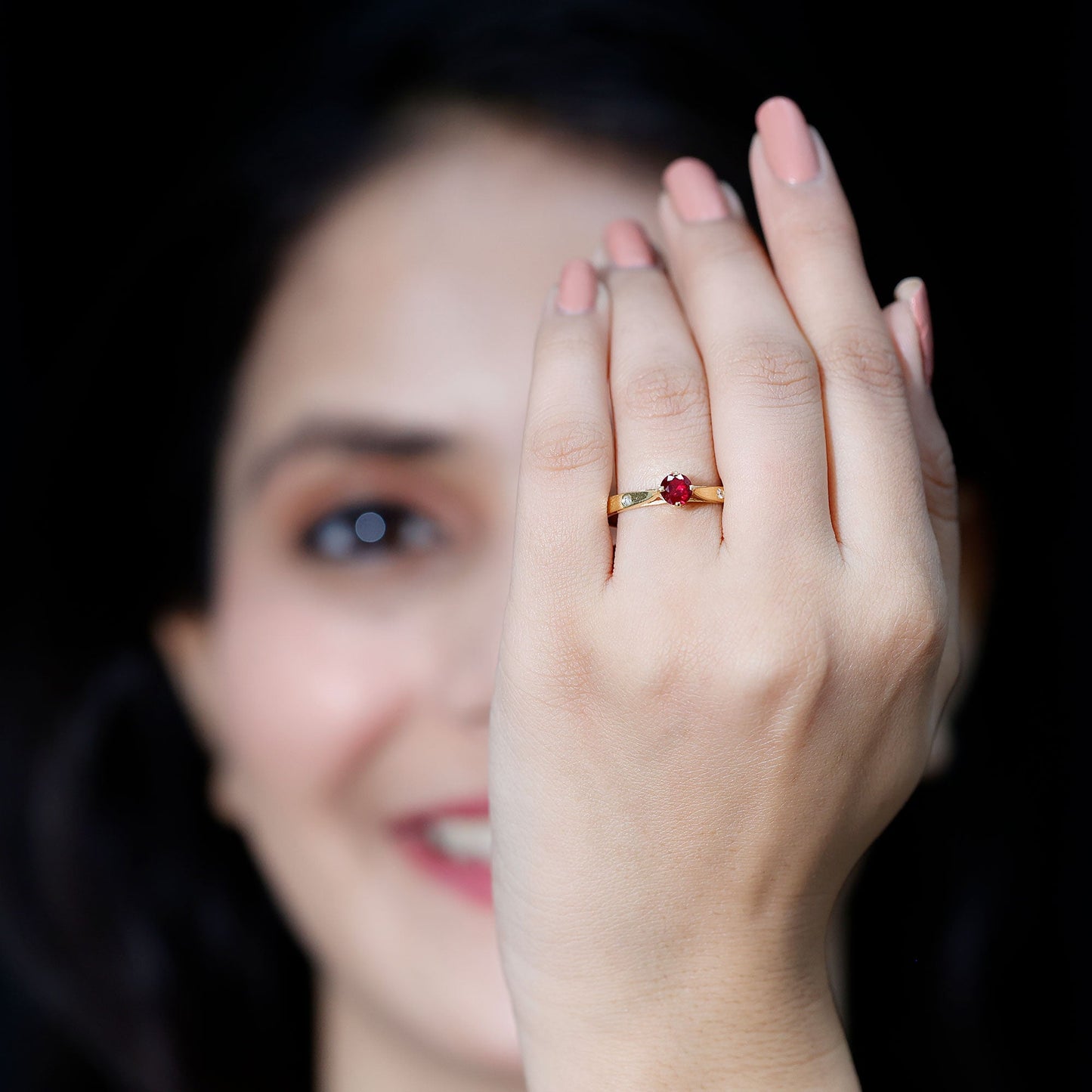 Round Lab Grown Ruby Solitaire Ring with Diamond
