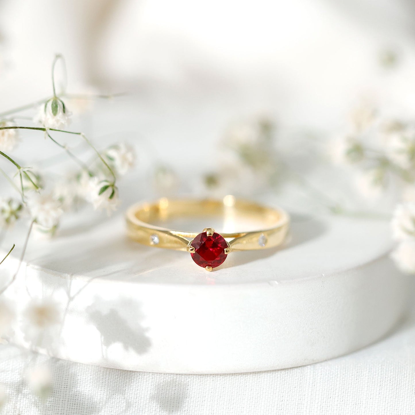 Round Lab Grown Ruby Solitaire Ring with Diamond
