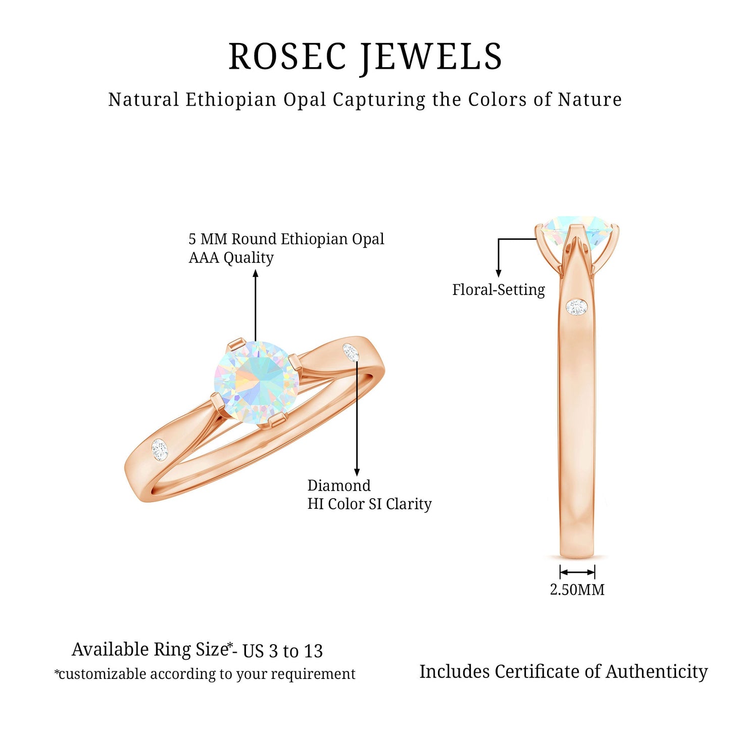 Natural Solitaire Ethiopian Opal Promise Ring with Diamond
