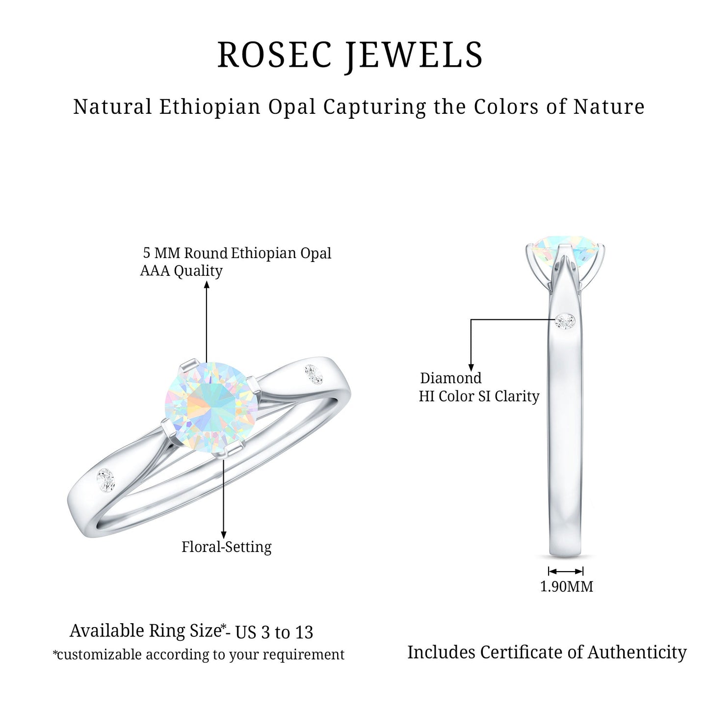 Natural Solitaire Ethiopian Opal Promise Ring with Diamond