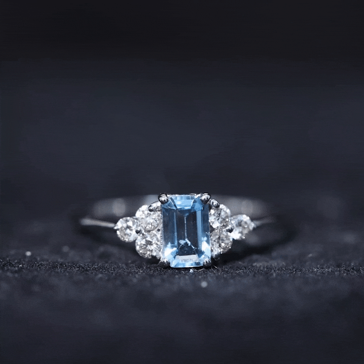 Aquamarine Emerald Cut Engagement Ring with Diamond Trio