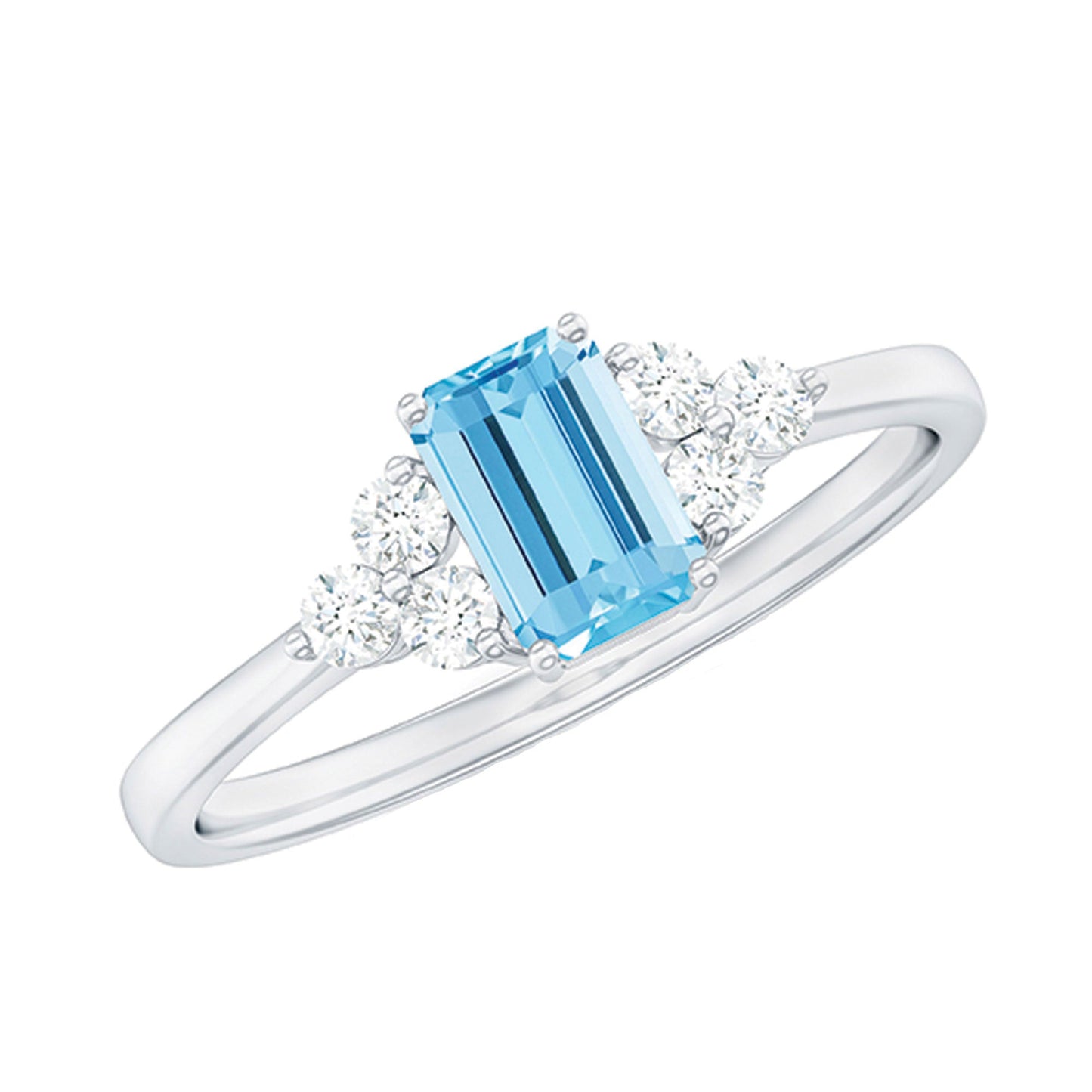 Aquamarine Emerald Cut Engagement Ring with Diamond Trio