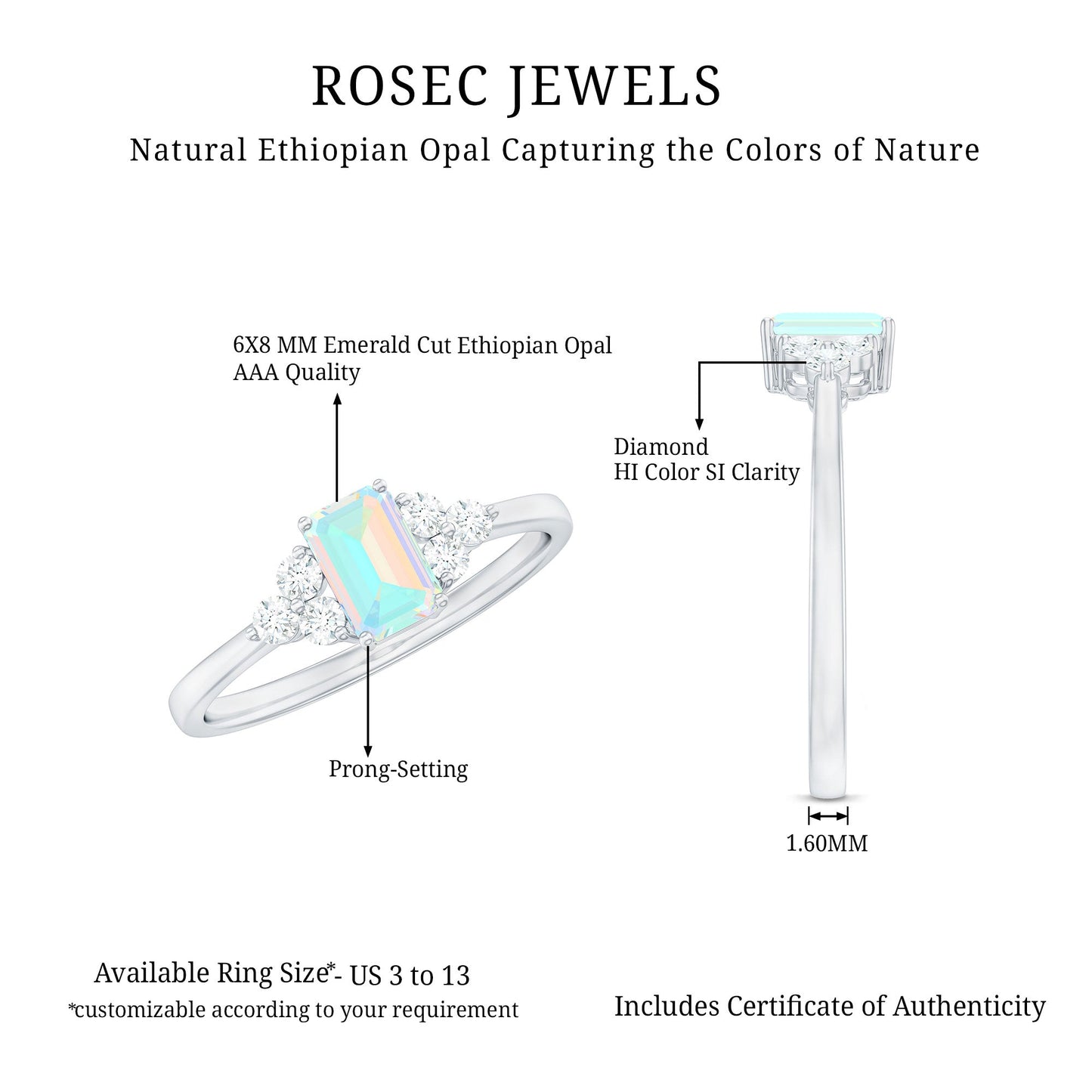 Certified Real Ethiopian Rainbow Opal Emerald Cut Engagement Ring with Diamond Trio