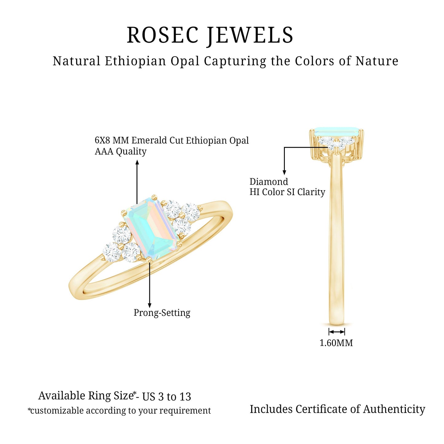 Certified Real Ethiopian Rainbow Opal Emerald Cut Engagement Ring with Diamond Trio