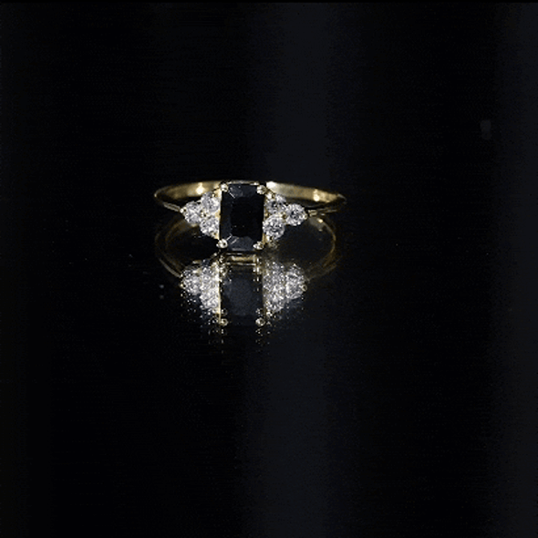 Emerald Cut Created Black Diamond Solitaire Ring with Diamond Trio