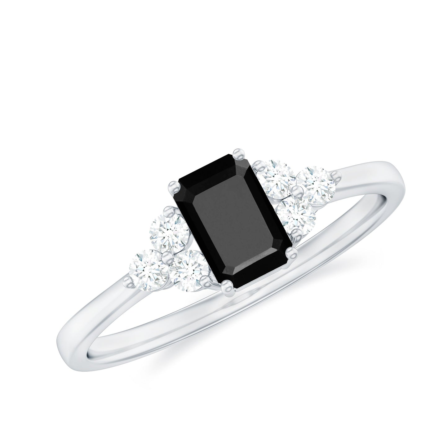Emerald Cut Created Black Diamond Solitaire Ring with Diamond Trio
