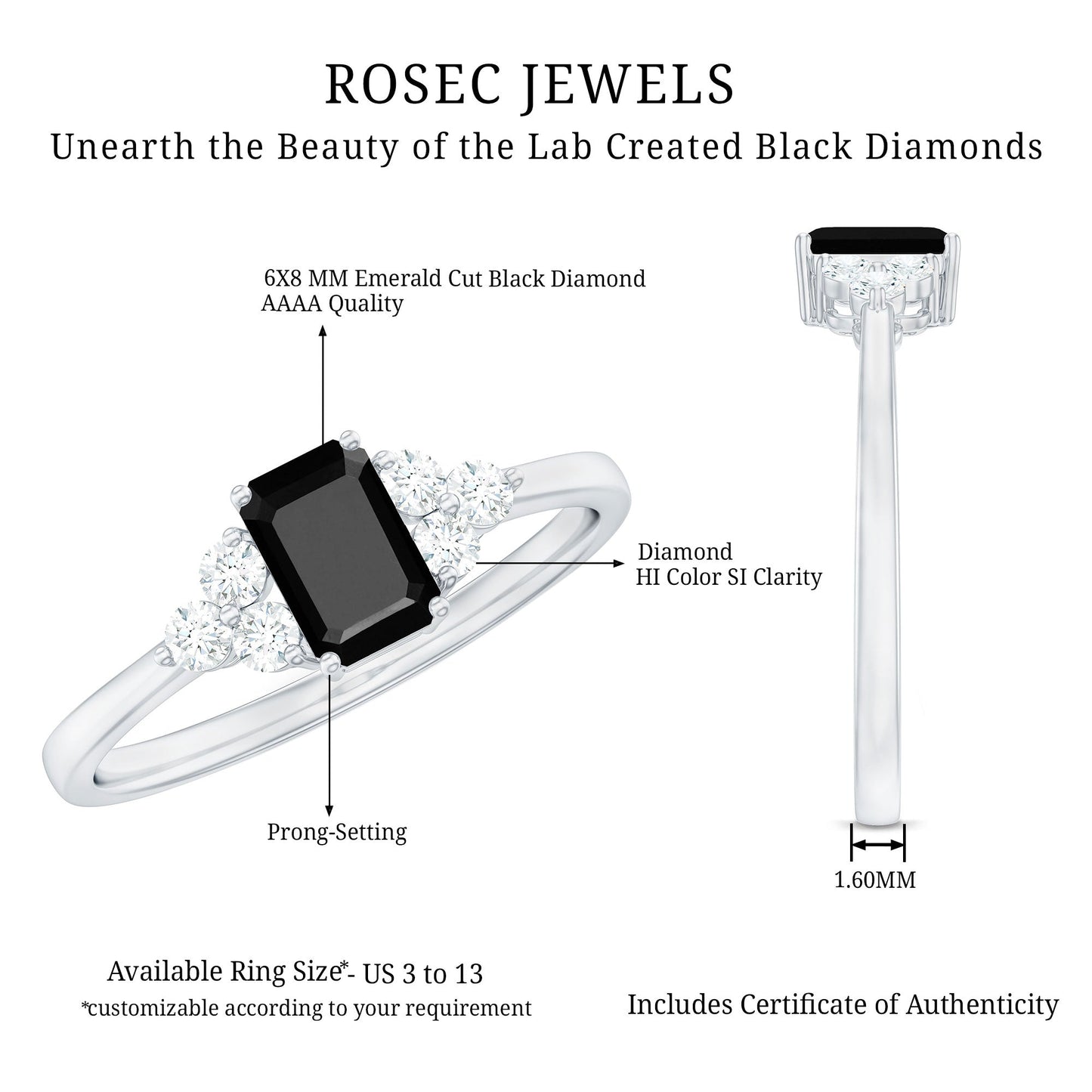 Emerald Cut Created Black Diamond Solitaire Ring with Diamond Trio