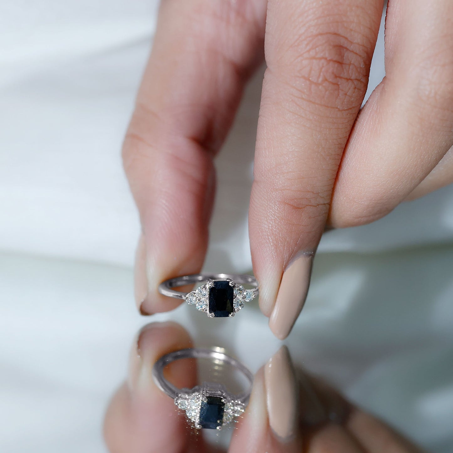Emerald Cut Created Black Diamond Solitaire Ring with Diamond Trio