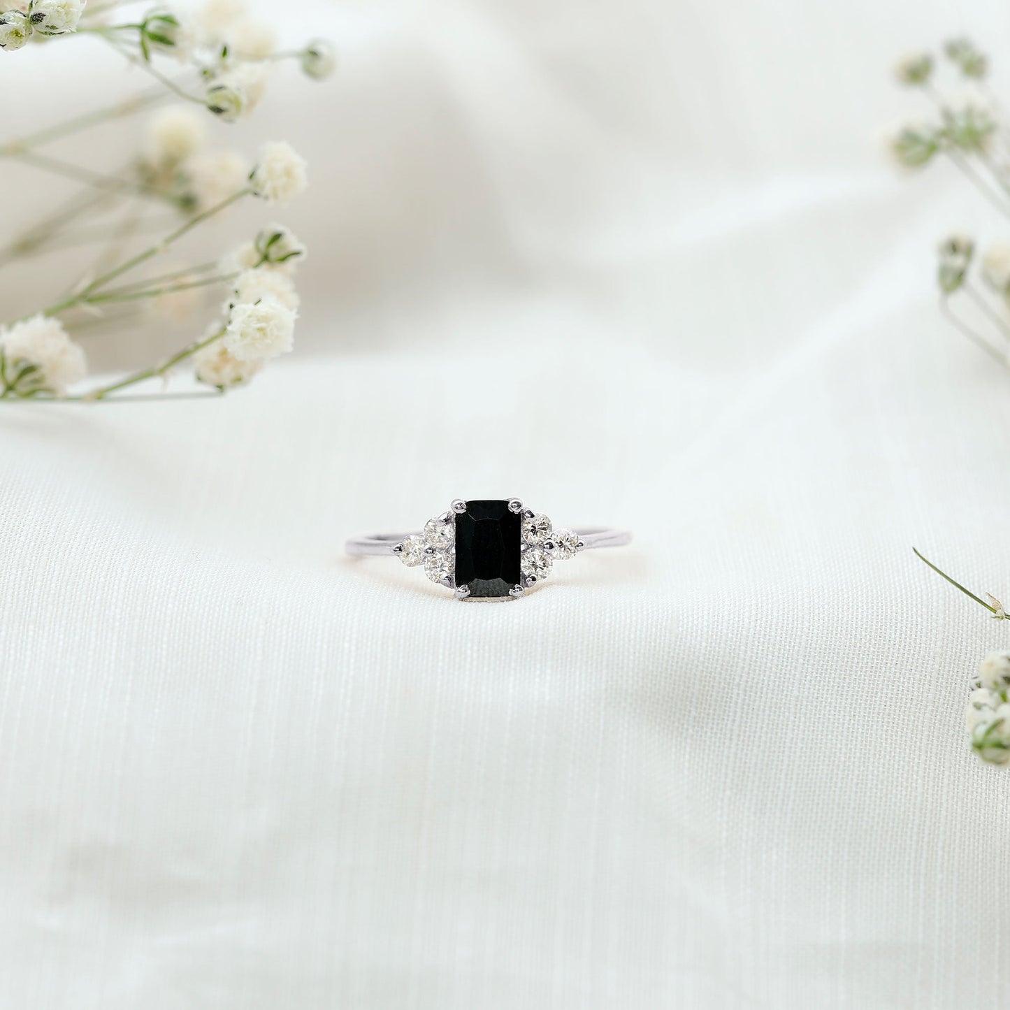 Emerald Cut Created Black Diamond Solitaire Ring with Diamond Trio