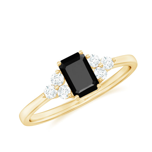 Emerald Cut Created Black Diamond Solitaire Ring with Diamond Trio