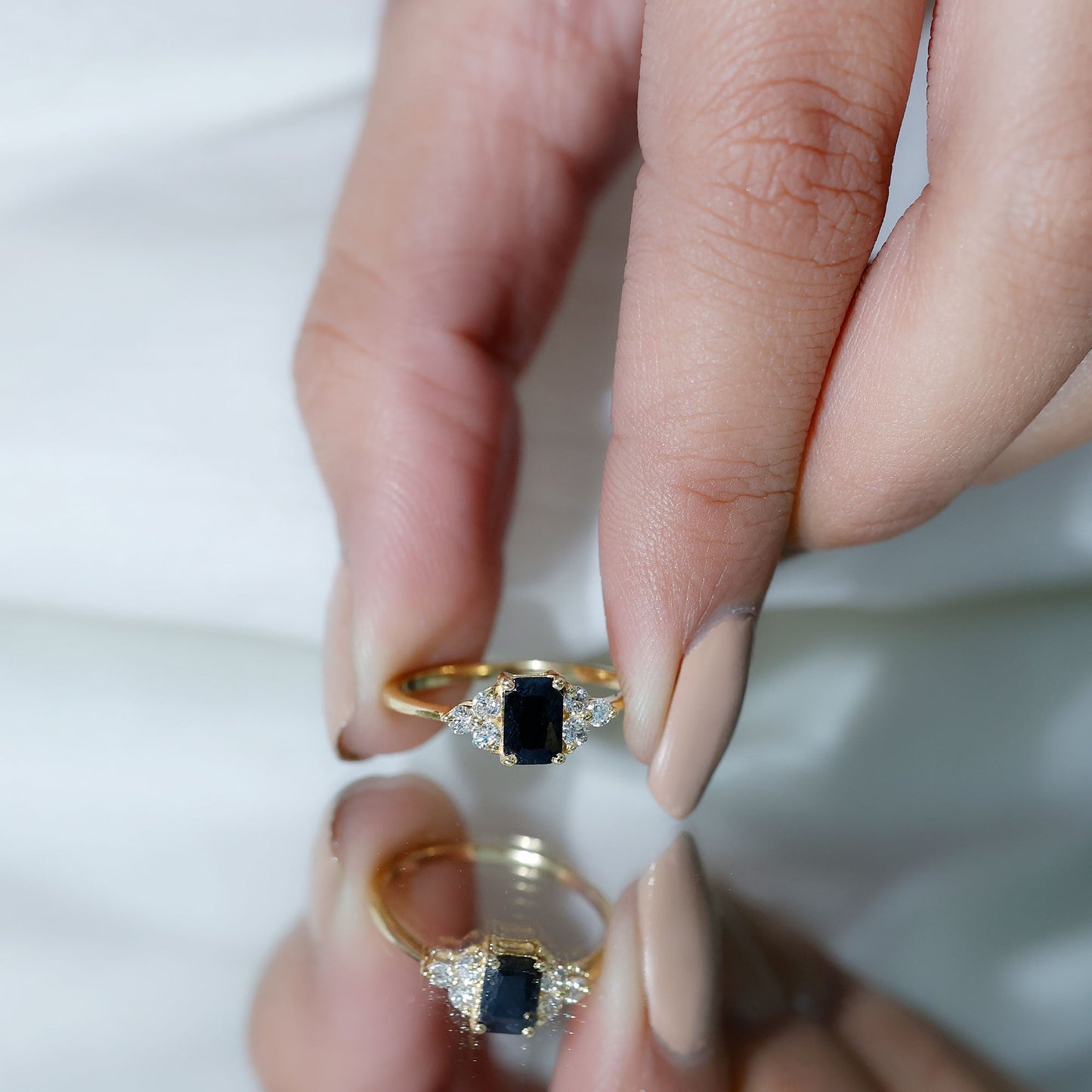 Emerald Cut Created Black Diamond Solitaire Ring with Diamond Trio