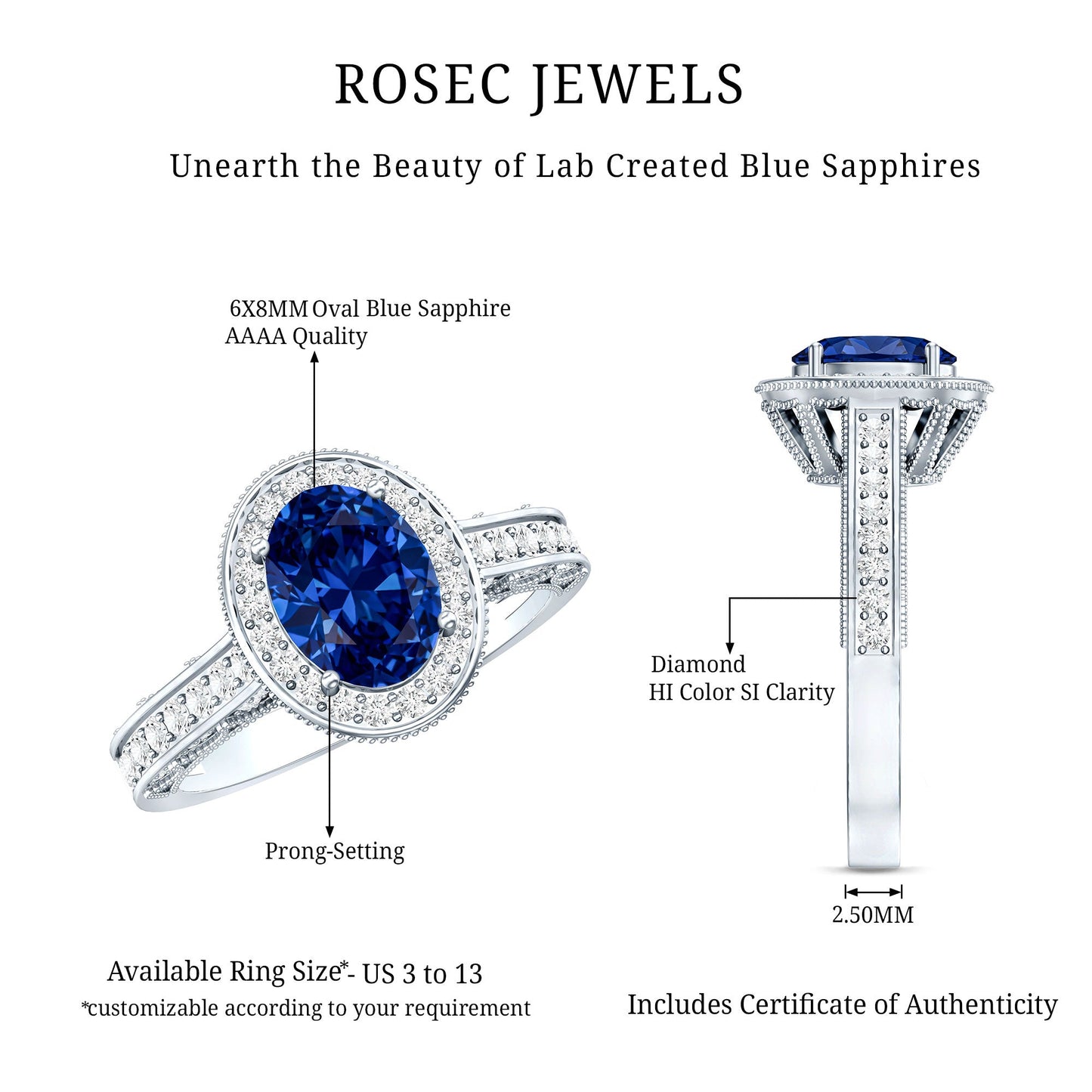 Certified 1.5 Carat Lab Grown Blue Sapphire Engagement Ring with Diamond Halo