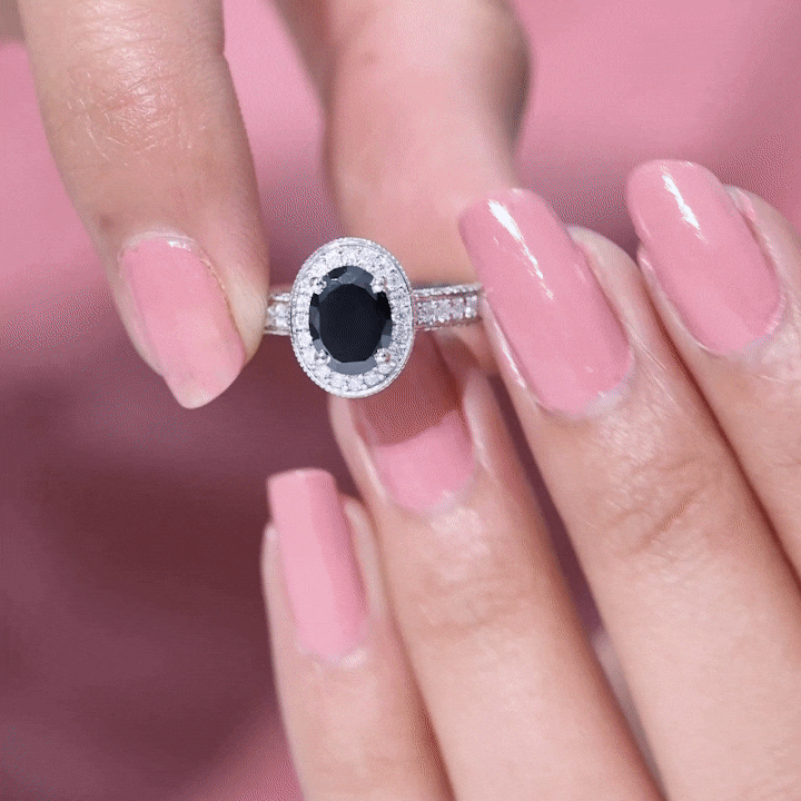 Vintage Inspired Black Onyx Oval Engagement Ring with Diamond Halo