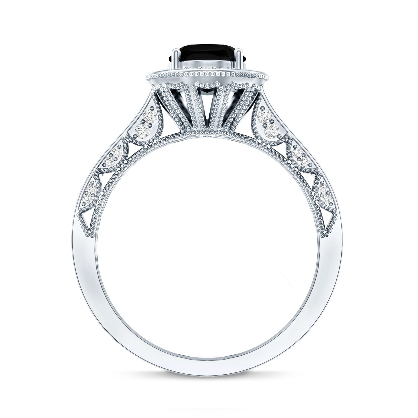 Vintage Inspired Black Onyx Oval Engagement Ring with Diamond Halo